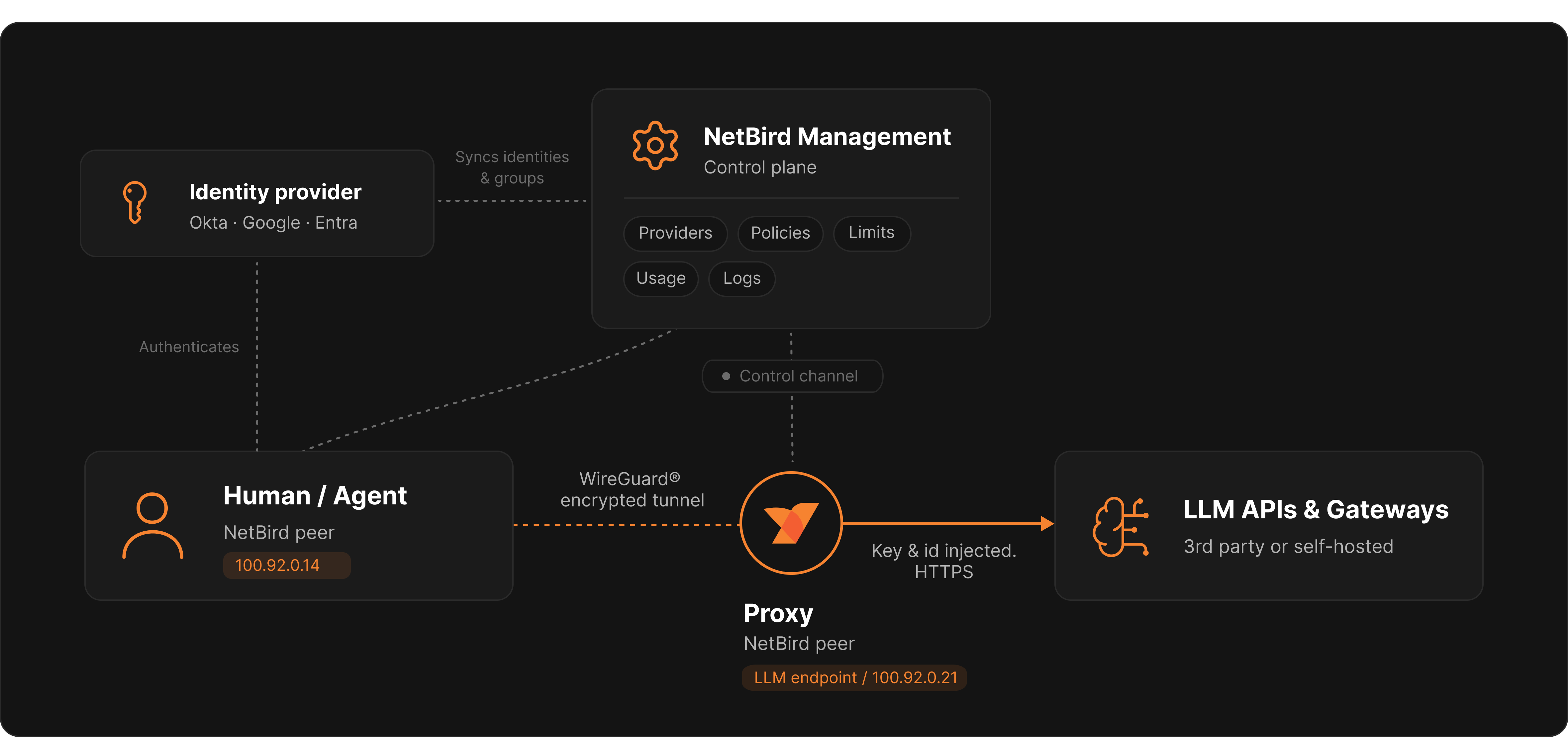 How NetBird Agent Network authenticates users and agents before proxying requests to AI providers