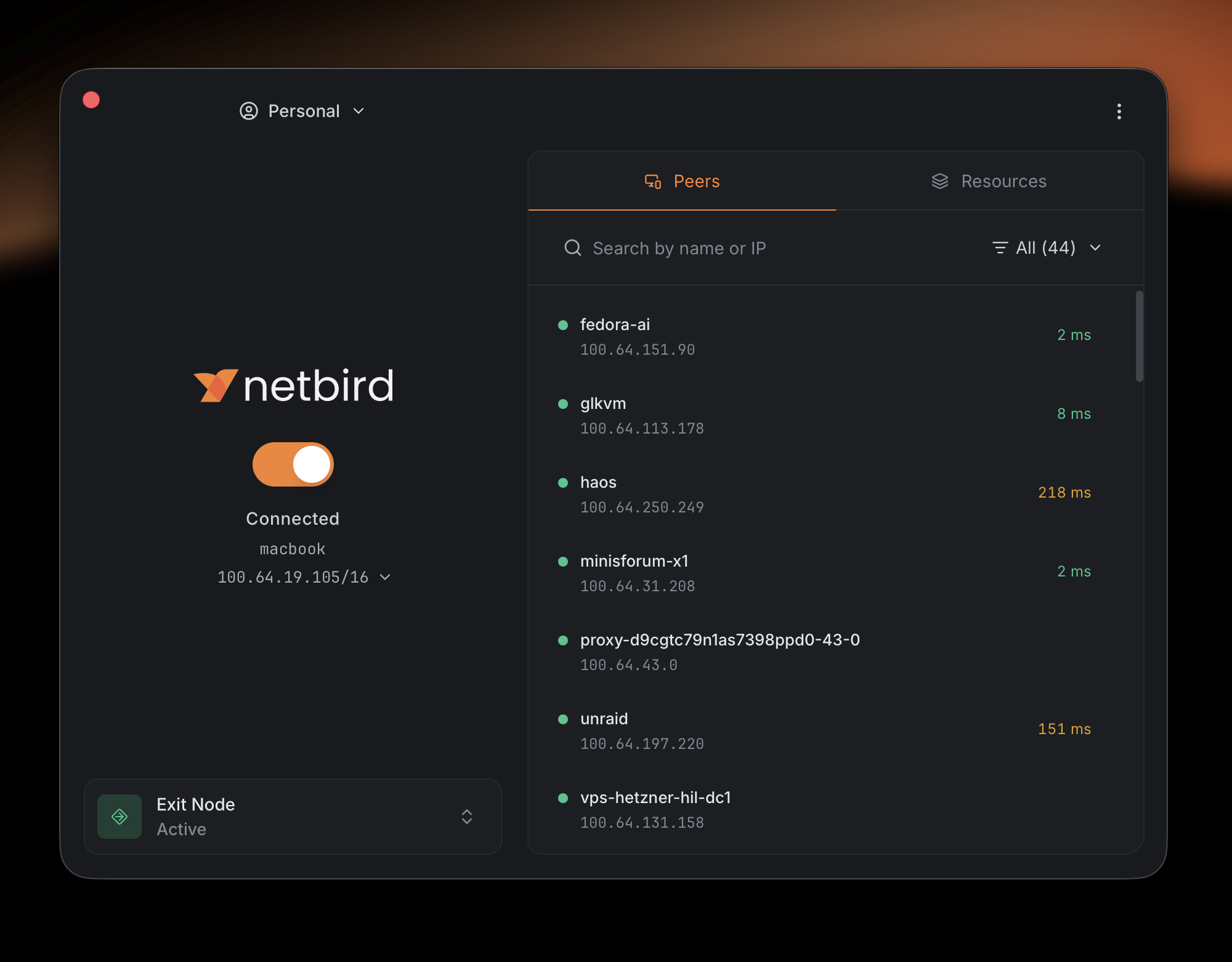 The Peers view of the NetBird desktop app, showing connected peers with their IPs and latency