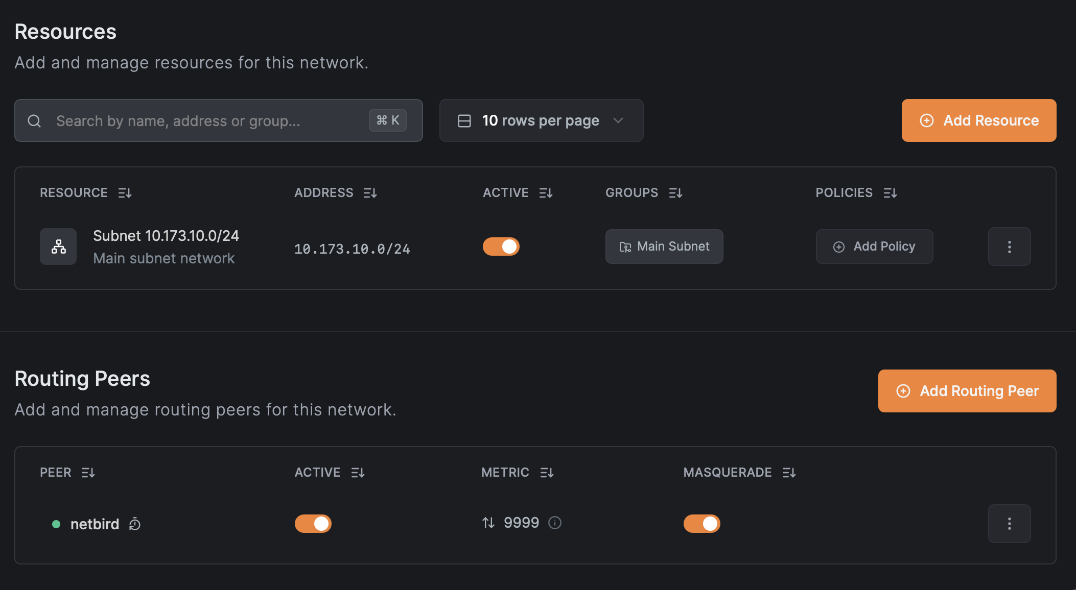 A NetBird network resource and its routing peer configured in the dashboard